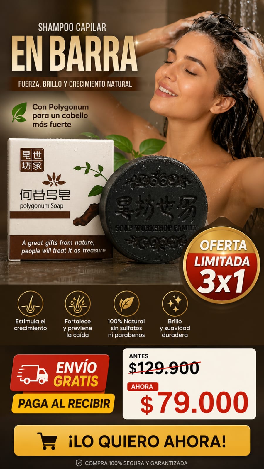 Shampoo Capilar en Barra de Polygonum — Fuerza, Brillo y Crecimiento