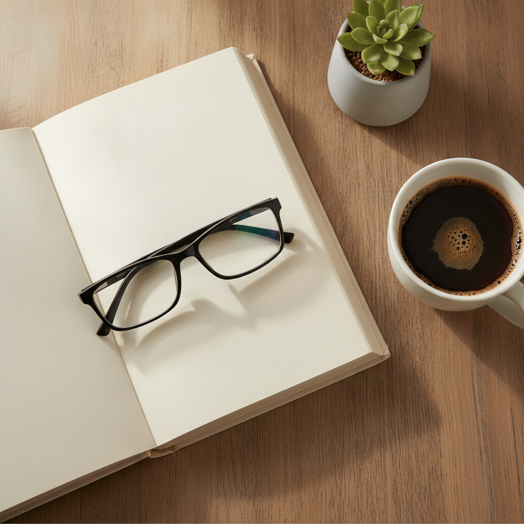 Gafas OnePower Flex sobre libro y cafe
